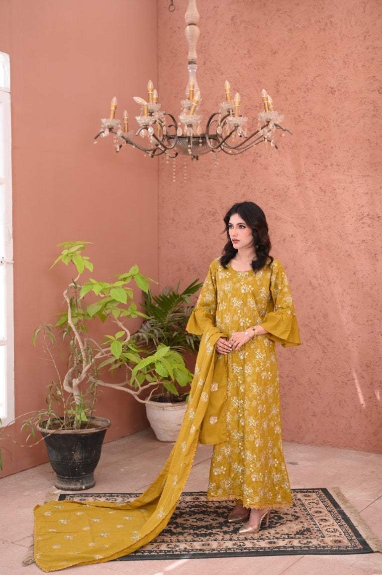 Mustard Bloom embroidered lawn suit with bell sleeves and matching dupatta in mustard yellow
